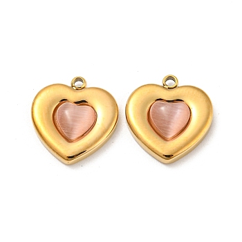 304 Stainless Steel Charms, with Cat Eye, Heart Charm, Real 14K Gold Plated, Light Salmon, 14x13x3.5mm, Hole: 1.2mm