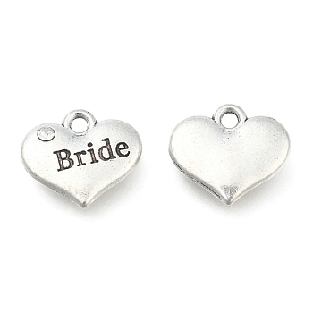 Wedding Theme Antique Silver Tone Tibetan Style Heart with Bride Rhinestone Charms, Crystal, 14x16x3mm, Hole: 2mm