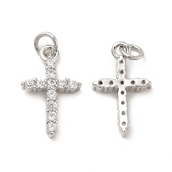 Brass Micro Pave Cubic Zirconia Pendants, with Jump Ring, Religion Cross Charm, Platinum, 18.5x11.5x3mm, Hole: 3.3mm
