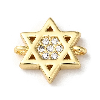 Rack Plating Brass Micro Pave Clear Cubic Zirconia Connector Charms, Star of David Links, Long-Lasting Plated, Lead Free & Cadmium Free, Real 18K Gold Plated, 10.5x10x2mm, Hole: 1mm