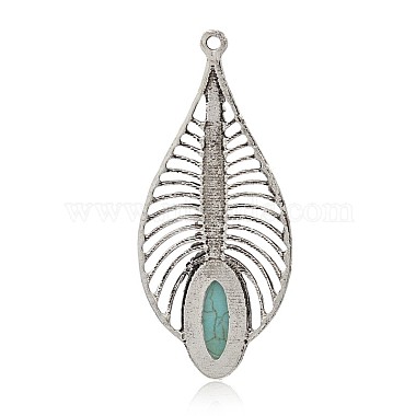 Antique Silver Plated Leaf Alloy Synthetic Turquoise Big Pendants(PALLOY-J654-01AS)-2