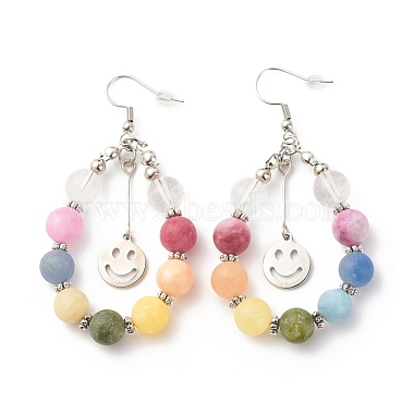 Natural Mixed Gemstone Braided Teardrop Dangle Earrings with 201 Stainless Steel Smiling Face Charms(EJEW-JE04951-01)-4