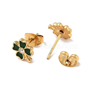 Enamel Clover with Crystal Rhinestone Stud Earrings with 316 Surgical Stainless Steel Pins(EJEW-A081-12G-02)-2