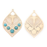 Brass Big Pendants, with Synthetic Turquoise, Leaf Charm, Light Gold, 59.5x40x4mm, Hole: 1.8mm(KK-M237-03KCG)