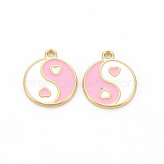 Rack Plating Alloy Enamel Charms, Cadmium Free & Lead Free, Light Gold, Flat Round with Yin Yang, Pink, 13.5x11.5x1mm, Hole: 1.2mm(ENAM-Q444-011E-RS)