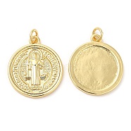 Rack Plating Brass Pendants, Long-Lasting Plated, Cadmium Free & Lead Free, with Jump Ring, Flat Round with Saint Benedict Charms, Real 18K Gold Plated, 22x19x2mm, Hole: 3mm(KK-Q775-15G)