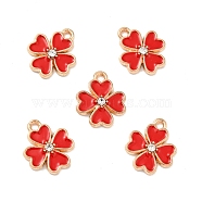 Alloy Enamel Pendants, with Rhinestone, Light Gold, Clover, Red, 15.5x13x2.5mm, Hole: 1.8mm(ENAM-D028-01KCG-04)