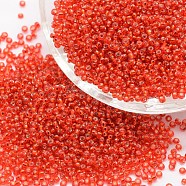 6/0 Transparent Glass Round Seed Beads, Grade A, Silver Lined, Red, 3.6~4.0mm, Hole: 1.2mm, about 500pcs/50g(X-SEED-J010-F6-25)