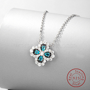 Rhodium Plated Sterling Silver Clover Pendant Necklaces, with Cubic Zirconia, Platinum, 15.75 inch(40cm)(KR5556)