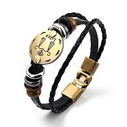 Braided Leather Cord Retro Multi-strand Bracelets, with Wood Beads, Hematite Beads and Alloy Findings, Flat Round,  Antique Bronze, Libra, 8-1/4 inch(21cm)(BJEW-L616-20I)