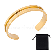 1Pc Titanium Steel Grooved Line Open Cuff Bangle for Women, with 1Pc Rectangle Velvet Pouches, Golden, Inner Diameter: 2-1/2x2 inch(6.2x5.1cm)(BJEW-UN0001-32G)