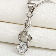 Musical Note Real Platinum Plated Brass Cubic Zirconia Pendants, 21.5x8x3.5mm, Hole: 4x3.5mm(ZIRC-R014-09)