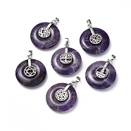 Natural Amethyst Pendants, with Platinum Tone Brass Findings, Donut/Pi Disc with Mixed Shapes, 35.5x30x8.5~9.5mm, Hole: 4.5x6.5mm(G-F640-G08)