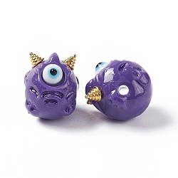 Halloween Opaque Resin Beads, with Golden Tone Alloy Horns, Single-Eye Monster, Indigo, 13x10.5x12mm, Hole: 1.8mm(RESI-F033-01H)