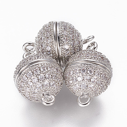 Brass Micro Pave Cubic Zirconia Magnetic Clasps, Round, Clear, Platinum, 15~15.5x10mm, Hole: 1.4mm, 1pc/set(X-ZIRC-L082-C-01-P)