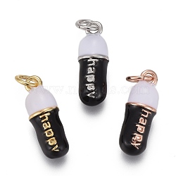 Brass Enamel Pendants, with Jump Rings, Long-Lasting Plated, Pill Bar Shape with Word Happy, Black, Mixed Color, 17x6mm, Hole: 3mm(KK-F821-51A)