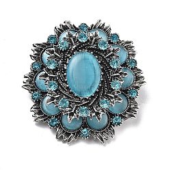 Baroque Flower Alloy Rhinestone Brooches with Cat Eye, Antique Silver, 49.5x47.5mm(JEWB-Z034-08AS)