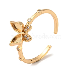Brass with Cubic Zirconia Open Cuff Rings, Butterfly, Clear, US Size 7 1/2(17.7mm)(RJEW-B052-05G-02)