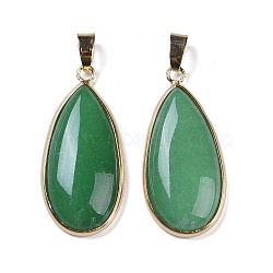 Natural Green Aventurine Pendants, Teardrop Charms, with Brass Findings, Golden, 38x18x6.5mm, Hole: 7.5x4.5mm(KK-F868-17G)