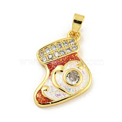 Christmas Brass Micro Pave Cubic Zirconia Pendant, with Synthetic Opal, Christmas Stocking, Snow, 17x18x3mm, Hole: 5x3mm(KK-H468-02D-01G)