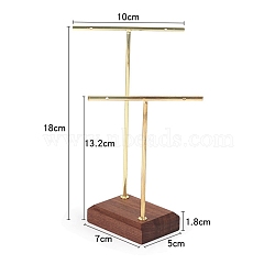 2 Golden Tone T-Bar Metal Dangle Earring Jewelry Display Rack with Wooden Base, Coconut Brown, 70x100x180mm(PW-WG96331-02)