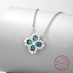 Anti-Tarnish Rhodium Plated Sterling Silver Clover Pendant Necklaces, with Cubic Zirconia, Platinum, 15.75 inch(40cm)(KR5556)