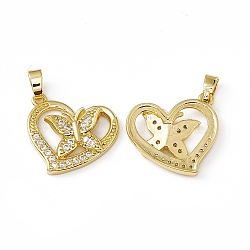 Brass Micro Pave Clear Cubic Zirconia Pendants, Heart with Butterfly Charm, Real 18K Gold Plated, 19.5x19x3.5mm, Hole: 5x2.5mm(KK-E068-VC042)