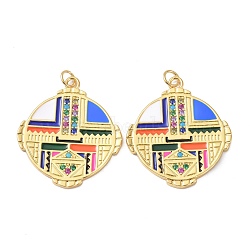 Brass Cubic Zirconia Pendants, with Jump Ring, Long-Lasting Plated, Real 18K Gold Plated, Lead Free & Cadmium Free, Flat Round, Colorful, 31x28x2mm, Jump Ring: 5x0.8mm, 3.5mm Inner Diameter(ZIRC-C024-25G)