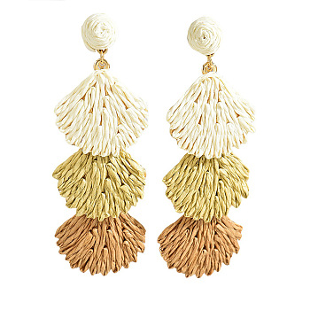 Bohemian Style Raffia Shell Shape Dangle Stud Earrings, with Iron Pins, Golden, Pale Goldenrod, 90x32mm