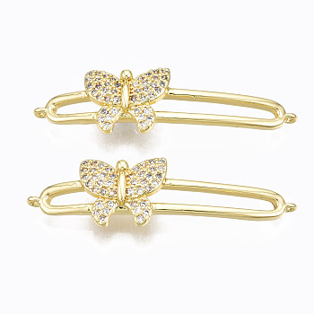 Brass Micro Pave Clear Cubic Zirconia Links Connectors, Nickel Free, Butterfly, Real 16K Gold Plated, 35x9.5x6mm, Hole: 0.6mm