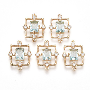 Golden Tone Brass Links connectors, with Faceted Glass and Rhinestone, Rectangle, Pale Turquoise, 19x13.5x3.5mm, Hole: 1mm