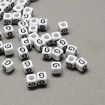 Large Hole Acrylic Letter European Beads, Horizontal Hole, White & Black, Cube with Letter.G, 6x6x6mm, Hole: 4mm