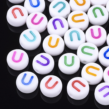 Initial Acrylic Beads, Horizontal Hole, Flat Round, Mixed Color, Letter.U, 7x3.5~4mm, Hole: 1.2mm