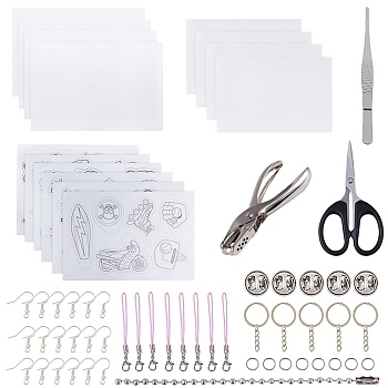 DIY Jewelry Kit, with Heat Shrink Sheets Film, Alloy Handheld Puncher, Stainless Steel Tweezers, Iron Split Key Rings & Earring Hooks & Scissors and Cord Loop Mobile Straps, Platinum & Stainless Steel Color, 29x20x0.2cm