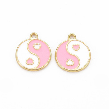 Rack Plating Alloy Enamel Charms, Cadmium Free & Lead Free, Light Gold, Flat Round with Yin Yang, Pink, 13.5x11.5x1mm, Hole: 1.2mm
