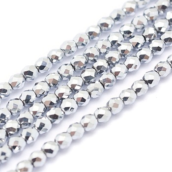 Electroplate Non-magnetic Synthetic Hematite Beads Strands, Grade A, Vacuum Plating, Faceted, Round, Platinum Plated, 4mm, Hole: 1mm, about 105pcs/strand, 15.7 inch(40cm)
