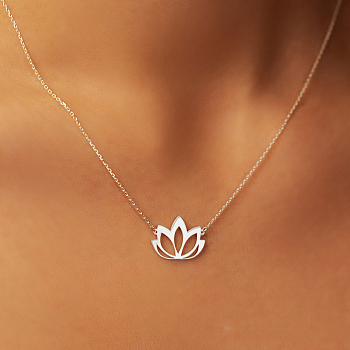 Buddhist Hollow Lotus Flower 201 Stainless Steel Pendant Necklaces for Women, Silver, 15.75 inch(40cm)