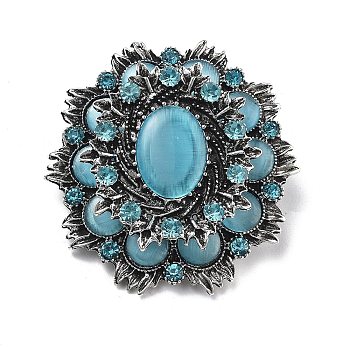 Baroque Flower Alloy Rhinestone Brooches with Cat Eye, Antique Silver, 49.5x47.5mm