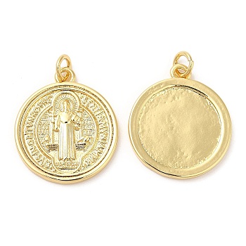 Rack Plating Brass Pendants, Long-Lasting Plated, Cadmium Free & Lead Free, with Jump Ring, Flat Round with Saint Benedict Charms, Real 18K Gold Plated, 22x19x2mm, Hole: 3mm