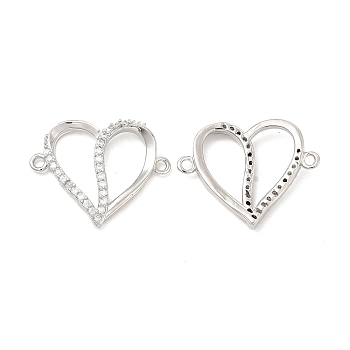 Brass Micro Pave Clear Cubic Zirconia Connector Charms, Heart Links, Platinum, 17.5x22x3mm, Hole: 1.4mm