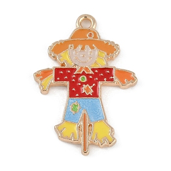 Thanksgiving Day Theme Alloy Enamel Pendants, Golden, Scarecrow Charm, Orange, 27.5x19x2mm, Hole: 1.6mm