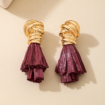 Alloy & Raffia Tassel Stud Earrings, Nuggets, Golden, Medium Violet Red, 57x20mm