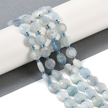 Natural Aquamarine Beads Strands, Faceted Pentagonal Cut, Flat Round, with Seed Beads, 10~10.5x5~6mm, Hole: 1mm, about 32~33pcs/strand, 15.75''(40cm)