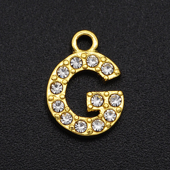 Alloy Rhinestone Charms, Golden, Crystal, Letter, Letter.G, 12.5x9x2mm, Hole: 1.5mm