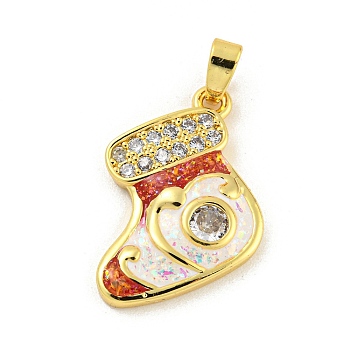 Christmas Brass Micro Pave Cubic Zirconia Pendant, with Synthetic Opal, Christmas Stocking, Snow, 17x18x3mm, Hole: 5x3mm