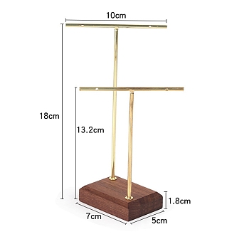 2 Golden Tone T-Bar Metal Dangle Earring Jewelry Display Rack with Wooden Base, Coconut Brown, 70x100x180mm