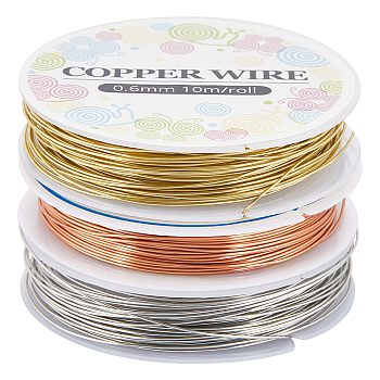 3 Rolls 3 Colors Copper Jewelry Craft Wire, Round, for Beading Jewelry Craft Making, Mixed Color, 22 Gauge, 0.6mm, about 26.24 Feet(8m)/roll, 1 roll/color