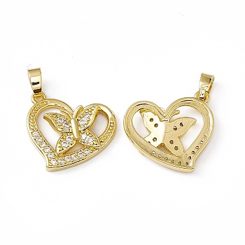 Brass Micro Pave Clear Cubic Zirconia Pendants, Heart with Butterfly Charm, Real 18K Gold Plated, 19.5x19x3.5mm, Hole: 5x2.5mm