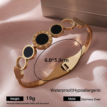 Vintage 304 Stainless Steel Black Enamel Open Hinged Cuff Bangles for Women, Golden, Flat Round, Inner Diameter: 2.36 inch(6cm)