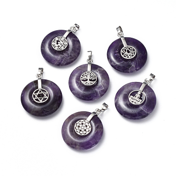 Natural Amethyst Pendants, with Platinum Tone Brass Findings, Donut/Pi Disc with Mixed Shapes, 35.5x30x8.5~9.5mm, Hole: 4.5x6.5mm